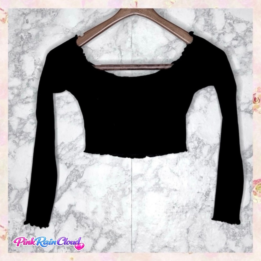 Shein Black Fitted Rib Knit Scoop Neck Long Sleeve Crop Top